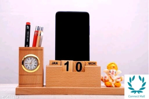 Graceful Wooden 5 In 1 Desk Organizer With Multi Holder - Pen Holders, Calender, Clock, Mobile Holder And Small Ganesh Idol - Wooden, Ganesh Idol, 1 Piece